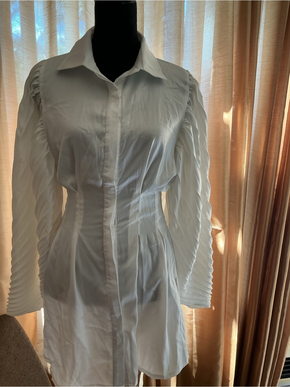White Long-Sleeve Pleated Sleeve Shirt Dress
